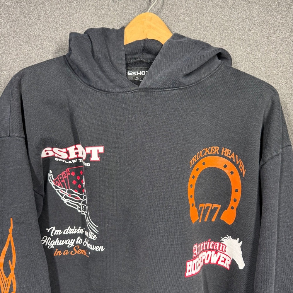 Y2K 6SHOT Vintage American Horsepower 777 Horseshoe Graphic Hoodie Trucker XL